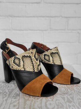 Cole Haan Roccia Snake Black Tabby High Heel Peep Toe Slingback Sandal Size 8B